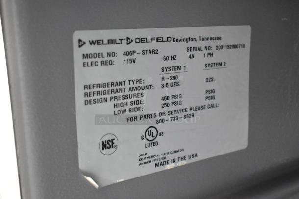 2020 Delfield 406P-STAR2 stainless steel undercounter cooler label; 115V, 1 phase, R-290 refrigerant, commercial use.