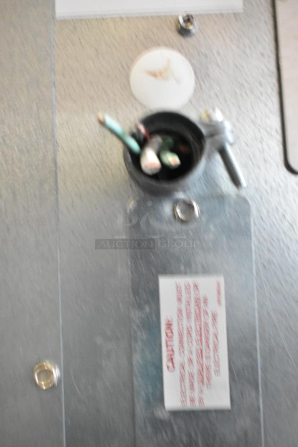 Ice-O-Matic CIM1446HR5 commercial ice head with bin, stainless steel, 208-230V, 1 phase, wiring and caution label shown.