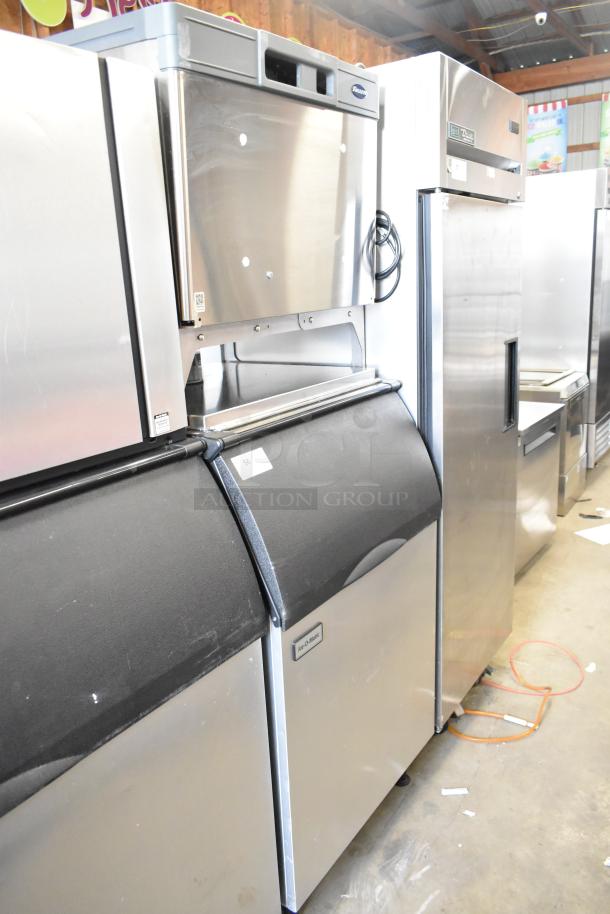 2024 Follett HMC1410WBT stainless steel commercial ice head on bin. 208-230V, 1 phase. Clean condition, labels visible.