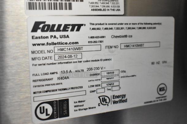 2024 Follett HMC1410WBT stainless steel commercial ice head, UL certified, 208-230 volts, 1 phase. Model info and specs visible.