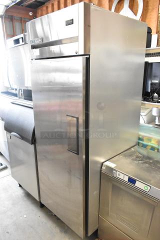 2019 True TG1R-1SLH-HC Stainless Steel Commercial Single Door Reach In Cooler w/ Poly Coated Racks on Commercial Casters. 115 Volts, 1 Phase. - Item #1220863