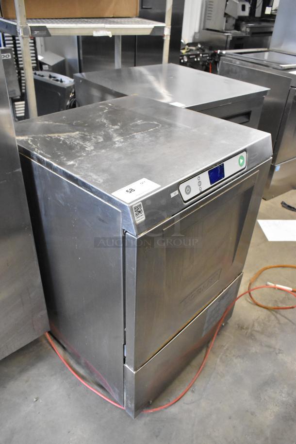 Hobart LXEH stainless steel commercial undercounter dishwasher, 120/208-240V, 1 phase, visible wear, item tag on top.