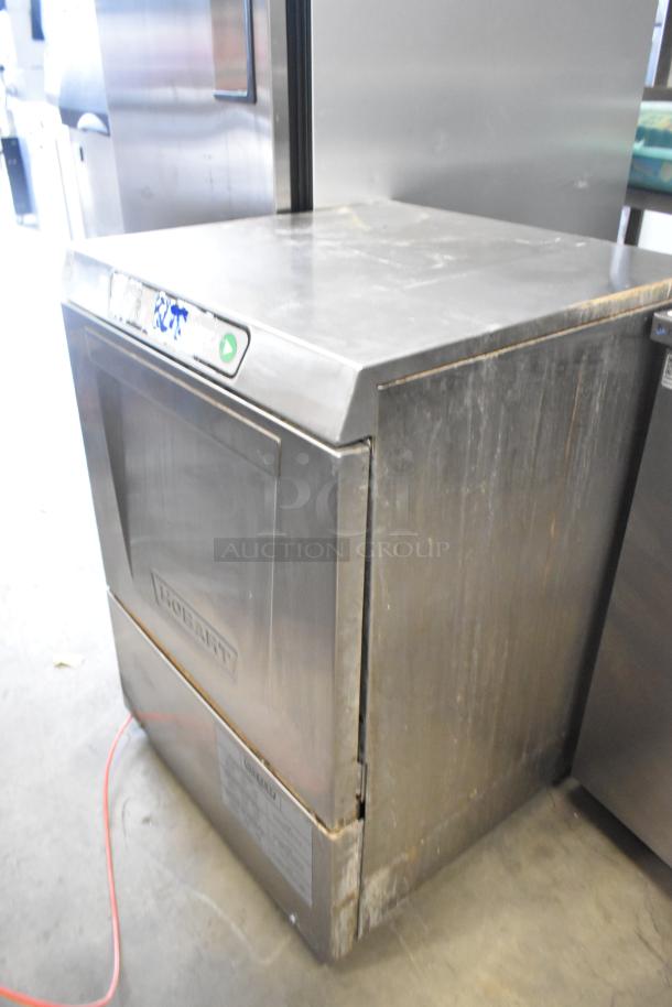 Hobart LXEH stainless steel undercounter dishwasher, commercial grade, 120/208-240V, 1 Phase, visible wear.