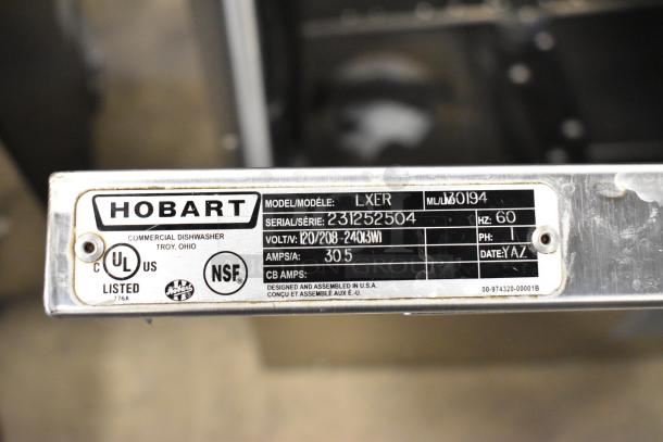 2023 Hobart LXER stainless steel commercial undercounter dishwasher label, 120/208-240V, 1 phase. Serial: 231252504.