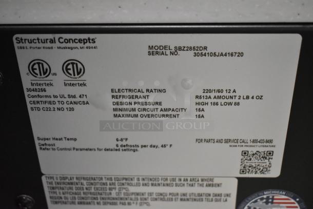 Structural Concepts SBZ2852DR label showing electrical specifications and certification logos; 220V, 1 Phase, 15A.