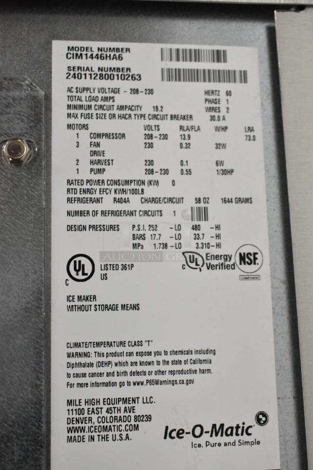 2024 Ice-O-Matic CIM1446HA6 stainless steel commercial ice head on bin. 208-230V, 1 phase. Model and specs visible.