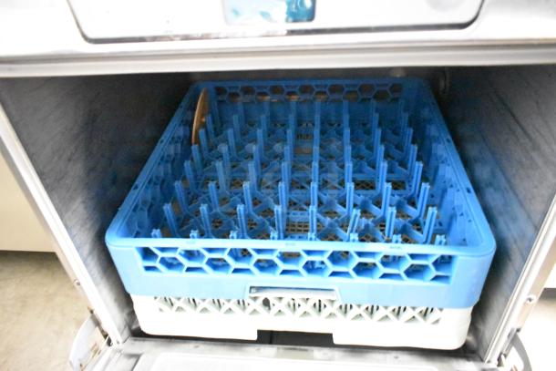 2019 Hobart LXER stainless steel commercial undercounter dishwasher, blue rack inside, 120/208-240V, 1 phase.