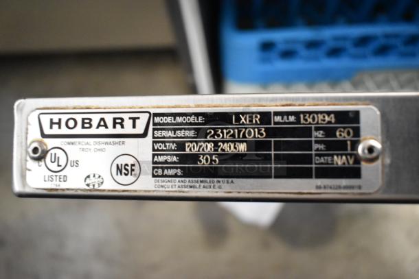 2019 Hobart LXER stainless steel commercial undercounter dishwasher, 120/208-240V, 1 phase, model and serial label visible.