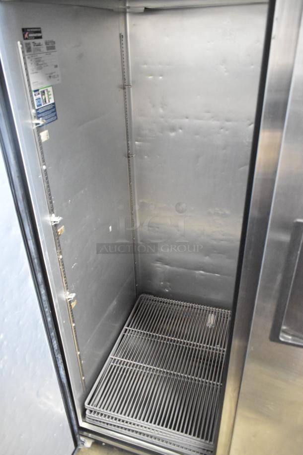 2018 True TG2R-2S-HC stainless steel commercial 2-door cooler, includes poly-coated racks, on commercial casters. 115 volts, 1 phase.
