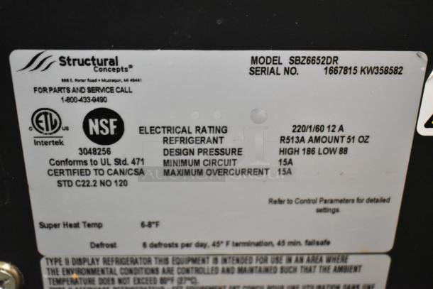 Structural Concepts SBZ6652DR label; details model, serial number, electrical rating, refrigerant type, and certifications.