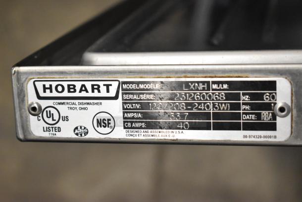 2024 Hobart LXNH stainless steel undercounter dishwasher, 120/208-240V, 1 phase. Serial: 231260068, UL/NSF certified.