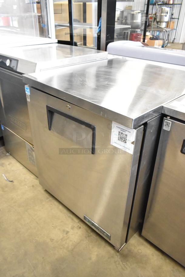 2023 True TUC-27-HC stainless steel undercounter cooler with commercial casters, single door, 115V, 1 phase.