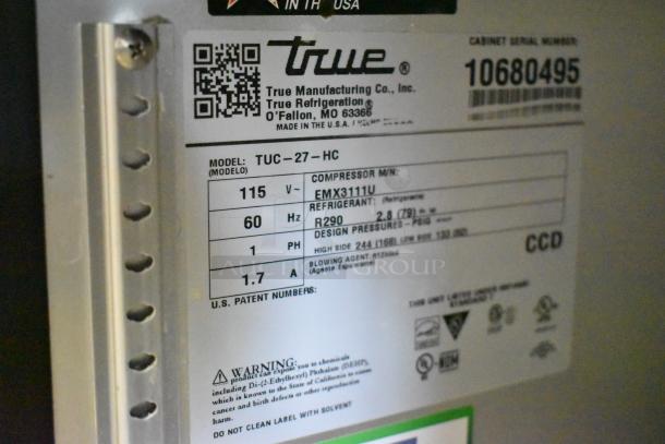 2023 True TUC-27-HC stainless steel undercounter cooler label showing specifications and model number.