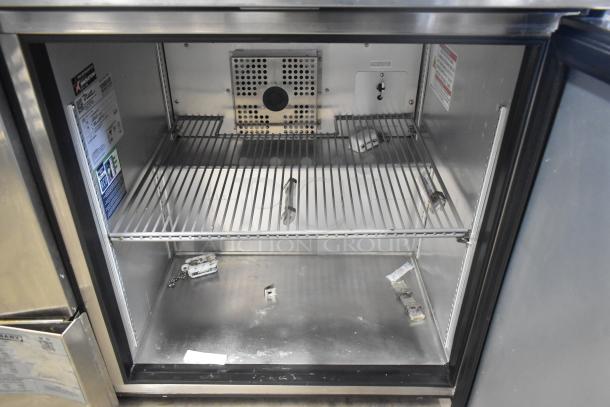 2023 True TUC-27-HC stainless steel undercounter cooler, single door, on casters. Interior view with shelving. Mint condition.