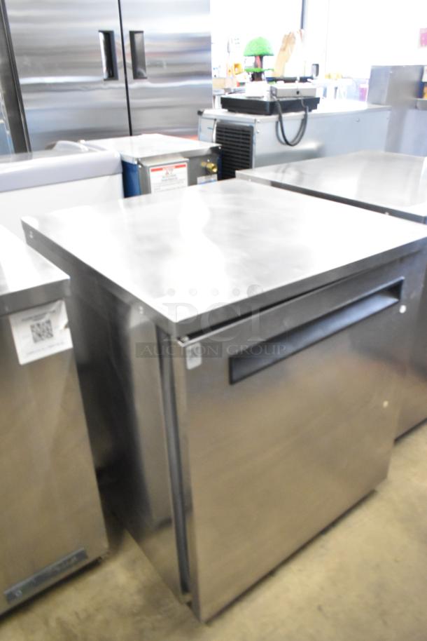 2016 Delfield stainless steel undercounter cooler, single door, on casters. Features 115 volts, 1 phase power.