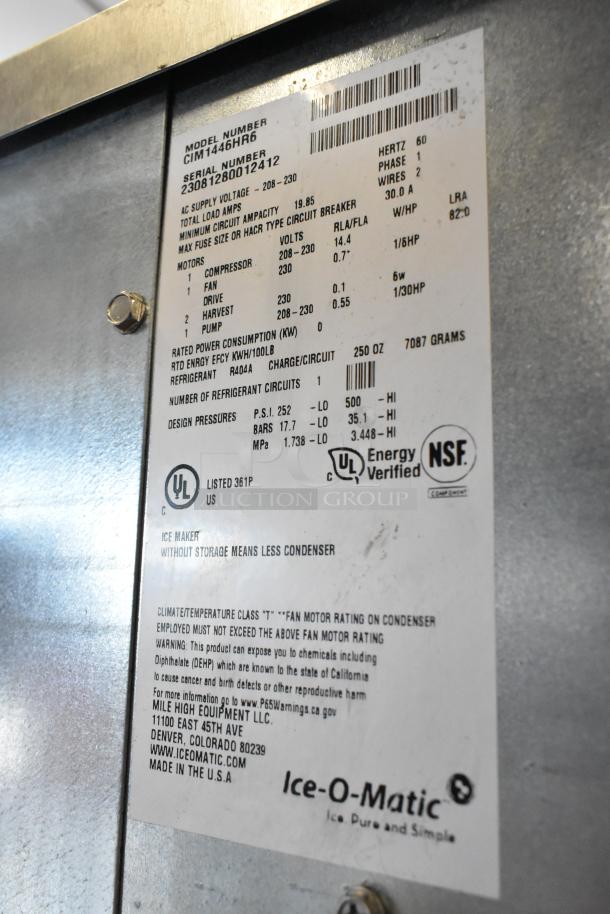 2023 Ice-O-Matic CIM1446HR6 stainless steel commercial ice head on bin, 208-230V, 1 phase, UL certified, NSF listed.