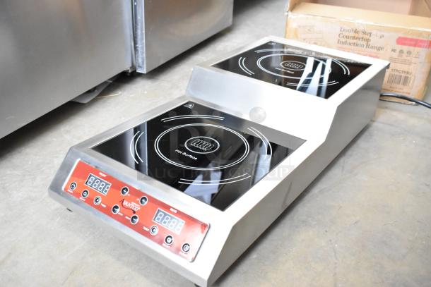 Brand new Avantco 177IC35SU stainless steel double countertop step-up induction range, 208-240V, 1 phase, visible controls.