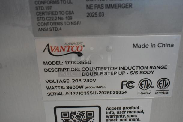 Avantco 177IC35SU stainless steel double countertop step-up induction range. 208-240V, 3600W. New with labels.