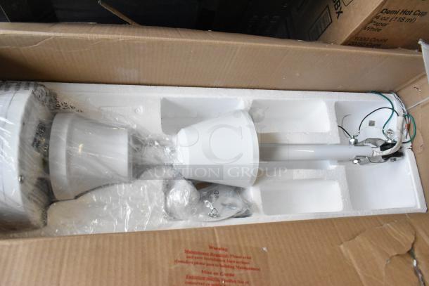 BRAND NEW Canarm 60" white industrial ceiling fan, model CP60D11N; scratch and dent condition. Packaged with installation components.