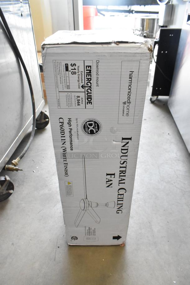 New Canarm 60" White Industrial Ceiling Fan CP60D11N, 8944 CFM, 120V in box with slight cosmetic damage.