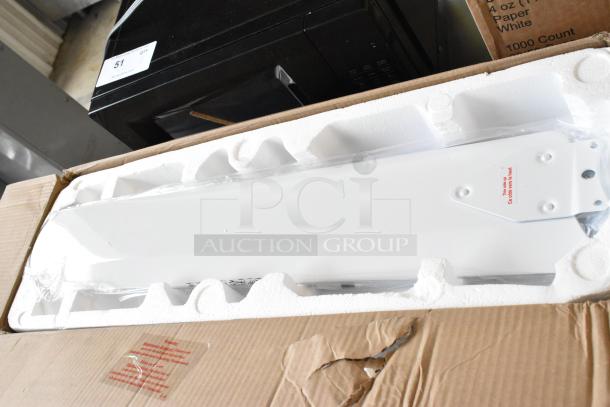 BRAND NEW SCRATCH AND DENT Canarm 60" white ceiling fan CP60D11N, 8944 CFM, in packaging with visible box damage.