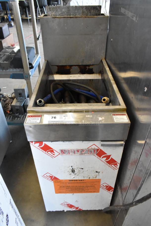 Vulcan LG400-1 stainless steel commercial gas fryer, 120,000 BTU. Shows signs of use. Includes caution labeling.
