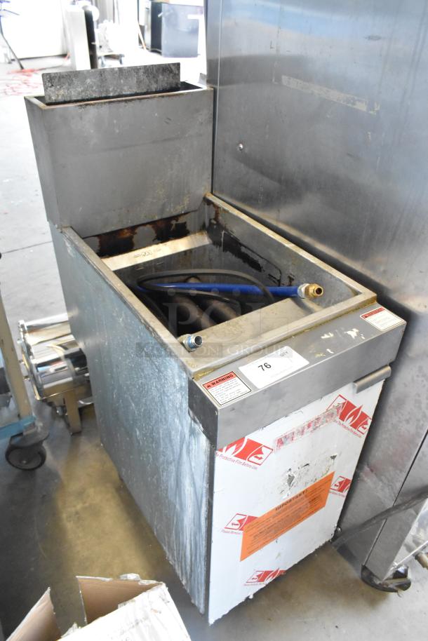 Vulcan LG400-1 stainless steel natural gas deep fat fryer, 120,000 BTU, commercial floor style, visible wear on surface.