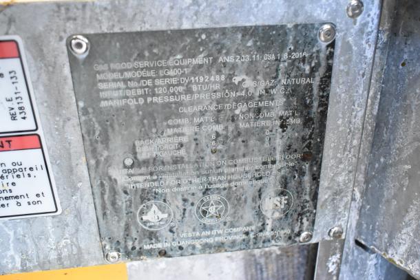 Vulcan LG400-1 deep fat fryer data plate showing model, serial number, 120,000 BTU input, and certification marks.