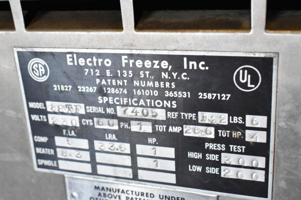 Electro Freeze 88TF batch freezer label, listing model, serial number, 230 volts, 1 phase, and other specs.