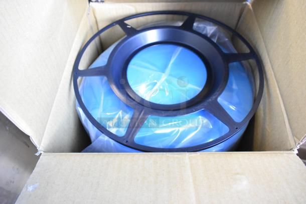 Box with a brand new RO-2000 Reverse Osmosis Water Storage Tank, partially packed in blue plastic.