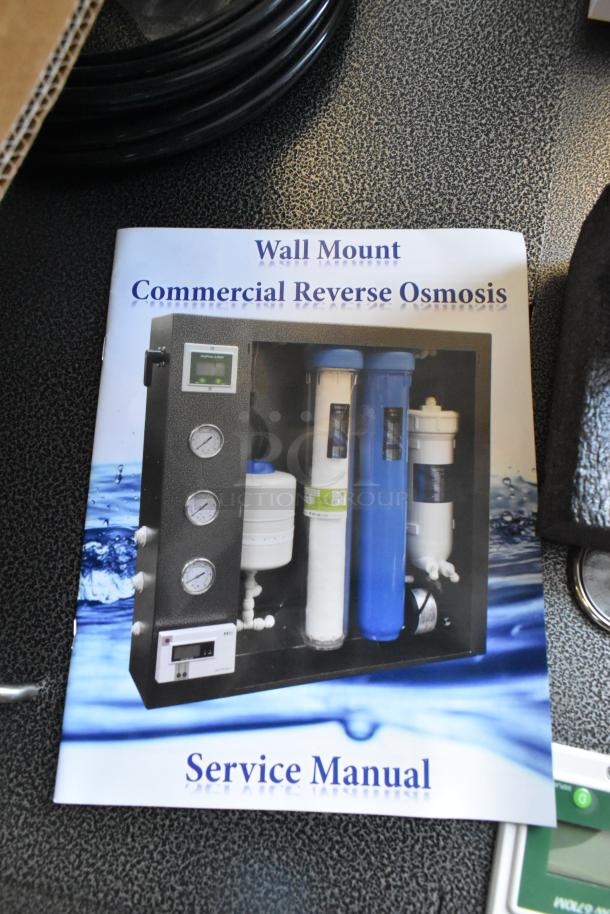 Wall Mount Commercial Reverse Osmosis service manual cover, displaying the system with dials and filters, indicating features.