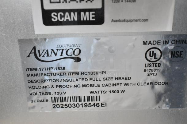 Avantco 177HPI1836 heated holding cabinet label, showing model, 120V, 1500W, UL and NSF listed. Insulated, clear door.