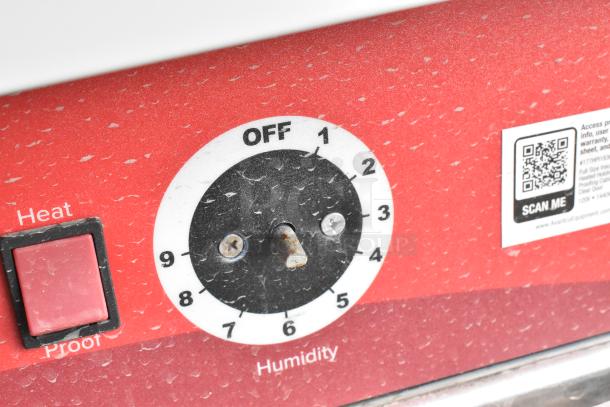 Avantco 177HPI1836 heated holding cabinet control panel, showing humidity dial and heat/proof button. Visible wear.