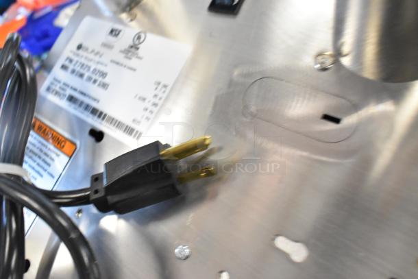 Stainless steel Bunn 1SH STAND satellite server stand with NSF label, 120 volts, 1 phase plug. Model 2025, commercial use.