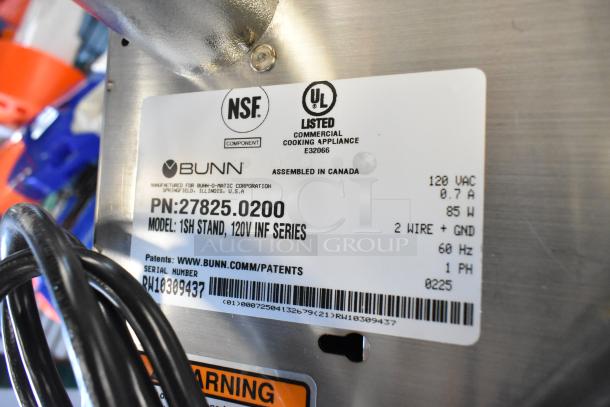 Bunn 1SH Stand stainless steel commercial server stand, 120V, 1 Phase. Label shows model and serial number. NSF and UL listed.