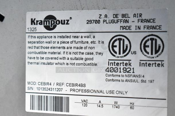 Krampouz CEBIR4 crepe maker label showing model, serial number, and safety instructions. Made in France. 120V, 1 phase.