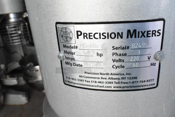 2021 Precision HD-60 60 Quart Commercial Dough Mixer, includes bowl, guard, hook. 220V, 3 Phase. Model HD-60, Serial 82495.