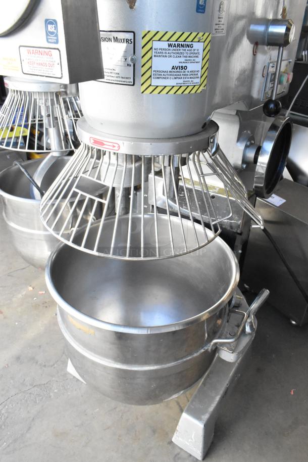 2022 Precision HD-60 metal dough mixer with 60-quart bowl, bowl guard, pelican head, 220V, 3-phase. Warnings visible.