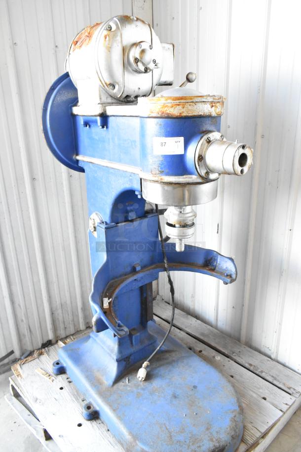 Metal commercial planetary dough mixer, floor style, blue and silver, shows signs of wear, visible tag with "87 QTY 1".