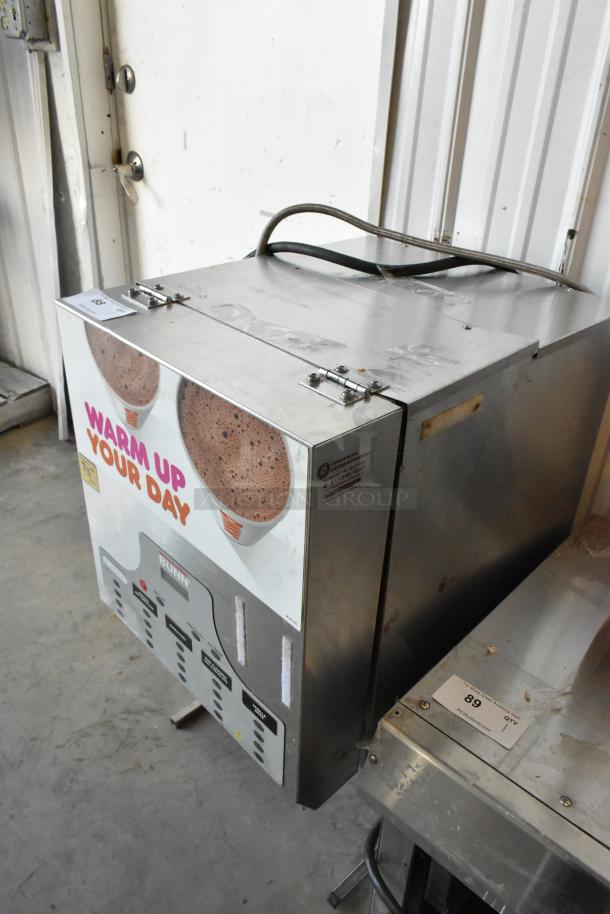 Bunn IMIX-5 stainless steel cappuccino machine, countertop model, 120/208-240V, 1 phase, "Warm Up Your Day" graphic, used.