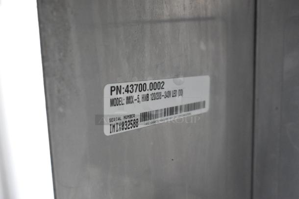 Bunn IMIX-5 cappuccino machine label, showing model and serial number. Stainless steel, 120/208-240V, 1 phase.