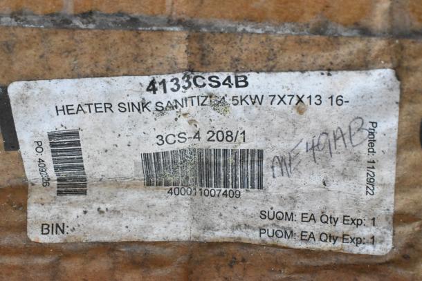 Hatco 4133CS4B 3CS-4 Sink Heater label with 4.5 kW, 208V specs. Shows barcode and handwritten markings.