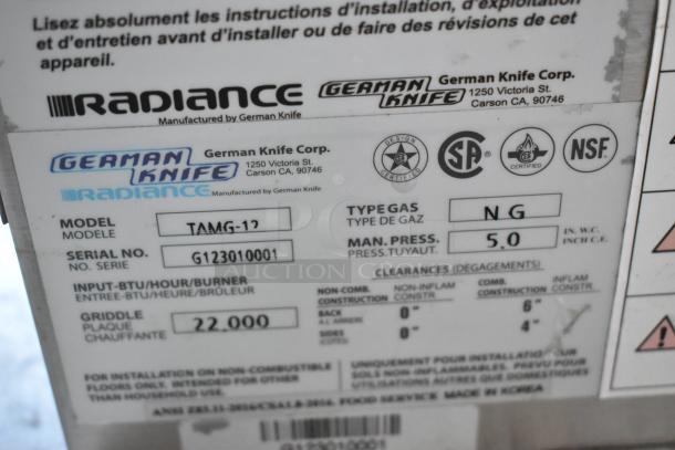 Radiance TAMG-12 stainless steel griddle label, 22,000 BTU, natural gas, model and serial number, manufactured by German Knife Corp.