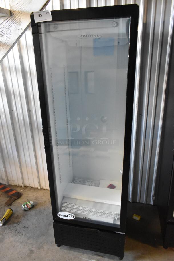 KoolMore KM-MDR-1GD-10C metal commercial cooler, single glass door, poly coated racks, on casters, new with minor dents.