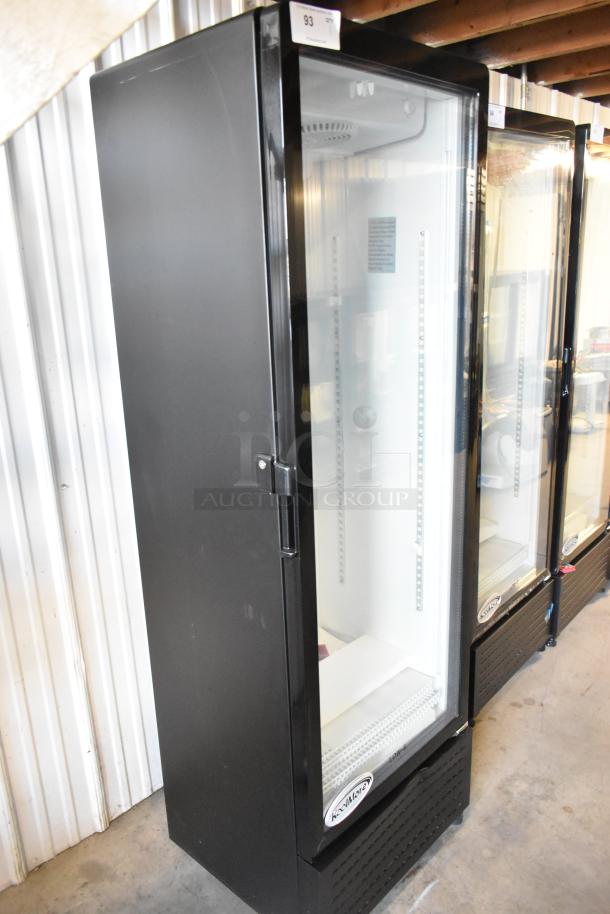 Brand new KoolMore KM-MDR-1GD-10C reach-in cooler with glass door, poly-coated racks, and commercial casters, 115V.