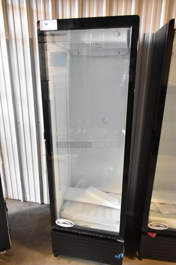 Brand new KoolMore KM-MDR-1GD-10C metal cooler, single door, poly coated racks, commercial casters, 115V, 1 phase.