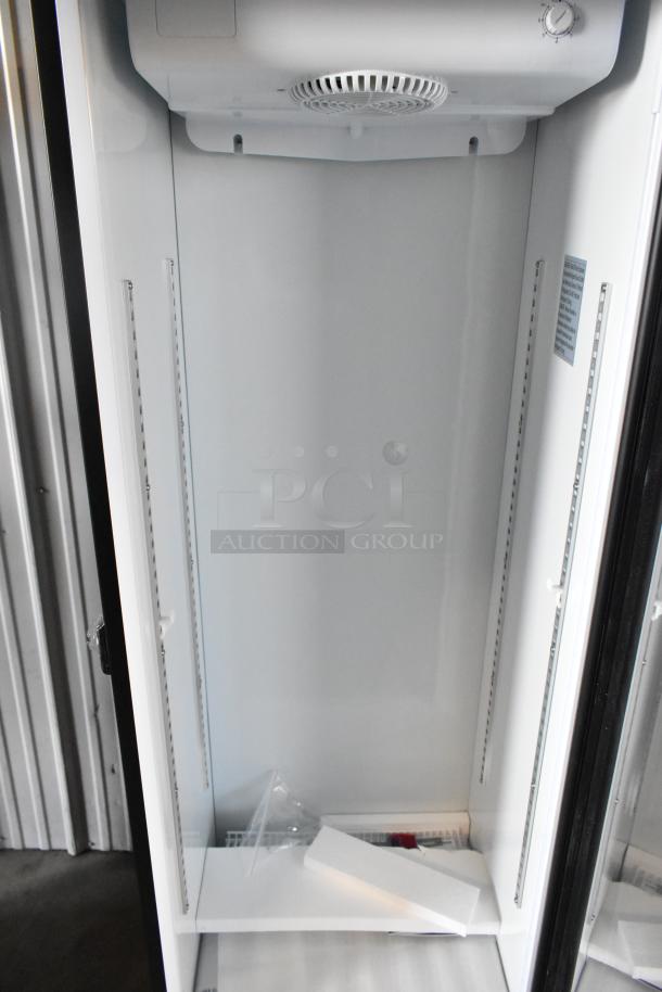 Brand new KoolMore KM-MDR-1GD-10C metal single door cooler, poly coated racks, commercial casters, 115V, 1 Phase, scratch and dent condition.