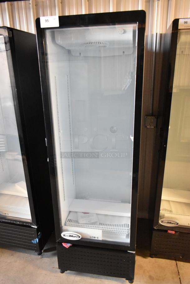 Brand new KoolMore KM-MDR-1GD-10C reach-in cooler, scratch and dent, single glass door, poly coated racks, on casters.