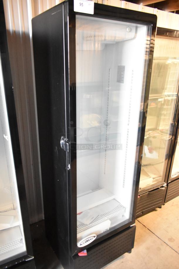 Brand new KoolMore KM-MDR-1GD-10C metal single door reach-in cooler, poly-coated racks, on commercial casters, 115V, minor scratches.