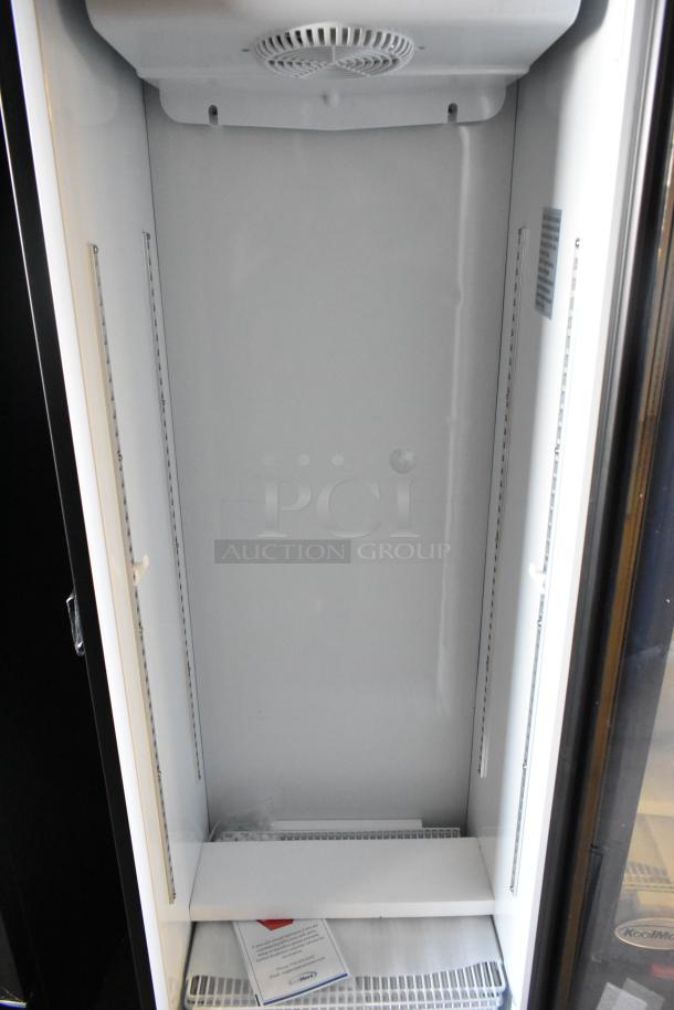 BRAND NEW KoolMore KM-MDR-1GD-10C single door cooler, metal, poly coated racks, on commercial casters, 115V, scratch and dent condition.